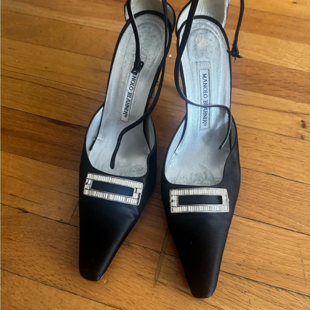Manolo Blahnik Black Satin Slingback Pumps with Crystal Accent
